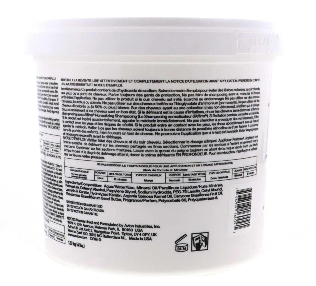Near-full view of Avlon Affirm Creme Relaxer Original 4lb tub highlights durable formula.