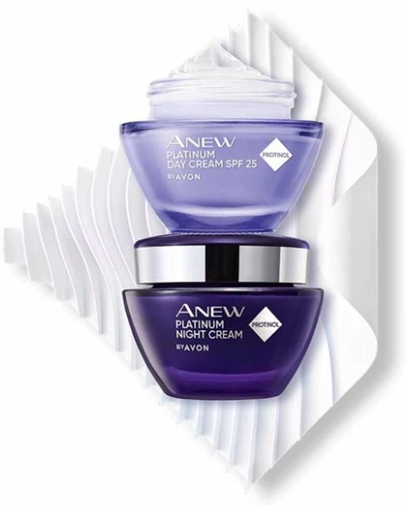 AVON Anew Platinum Day Cream jar for radiant hydration and daily protection.