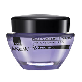 AVON Anew Platinum Day Lifting Cream jar closeup with premium texture for firming
