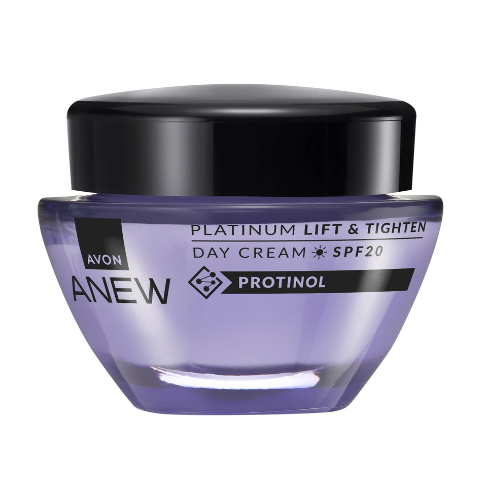 AVON Anew Platinum Day Lifting Cream jar closeup with premium texture for firming