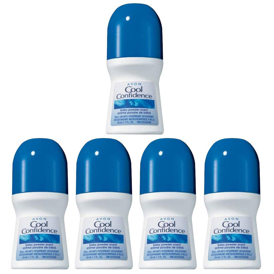 AVON Cool Confidence deodorant bottle front with soft baby powder scent and freshness.
