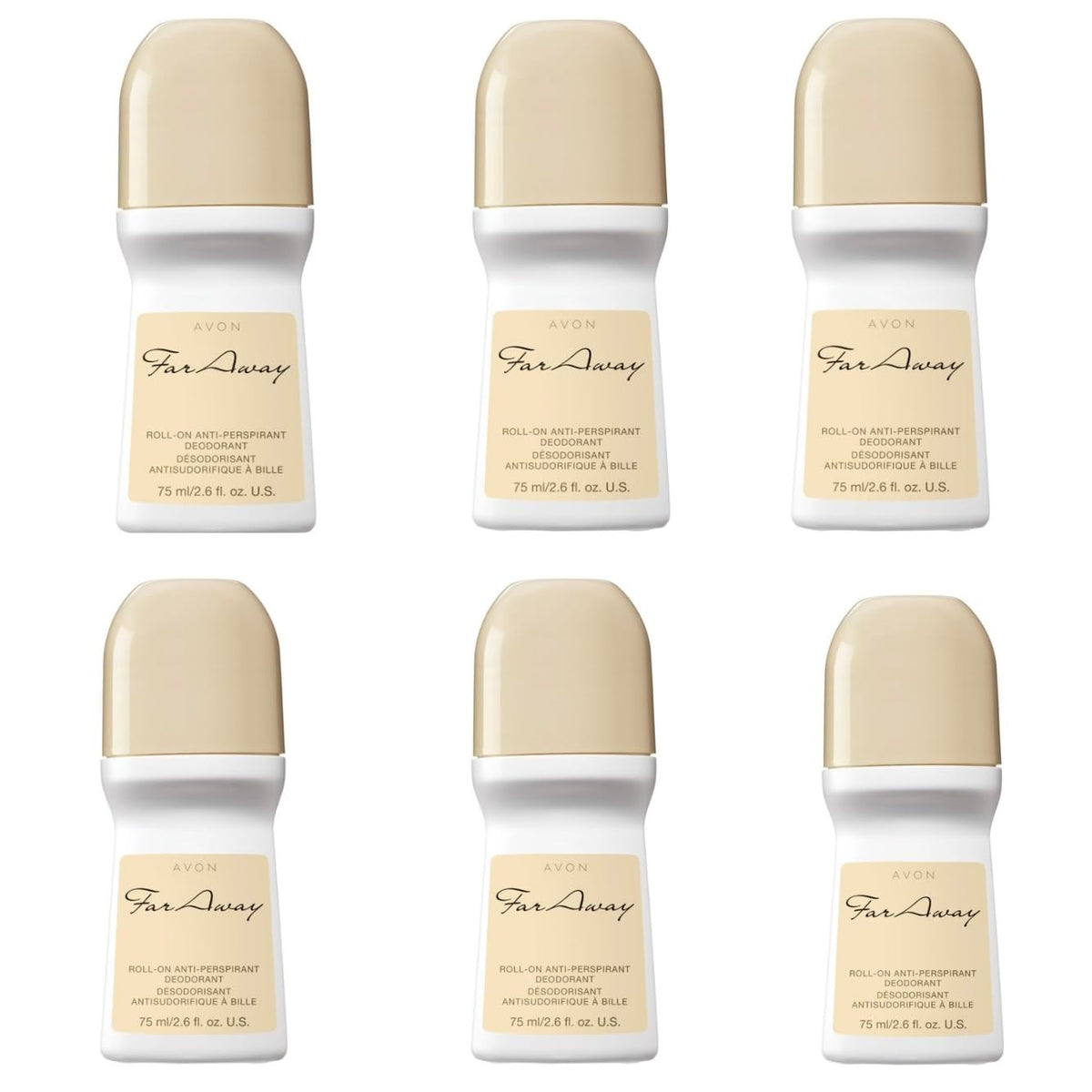 AVON Far Away roll-on six-pack bottles with jasmine-amber scent for all-day protection.