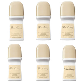 AVON Far Away roll-on six-pack bottles with jasmine-amber scent for all-day protection.