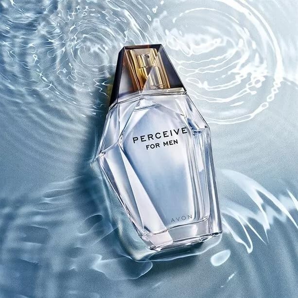 Angled AVON Perceive flacon shows compact 3.4 oz size and spray.