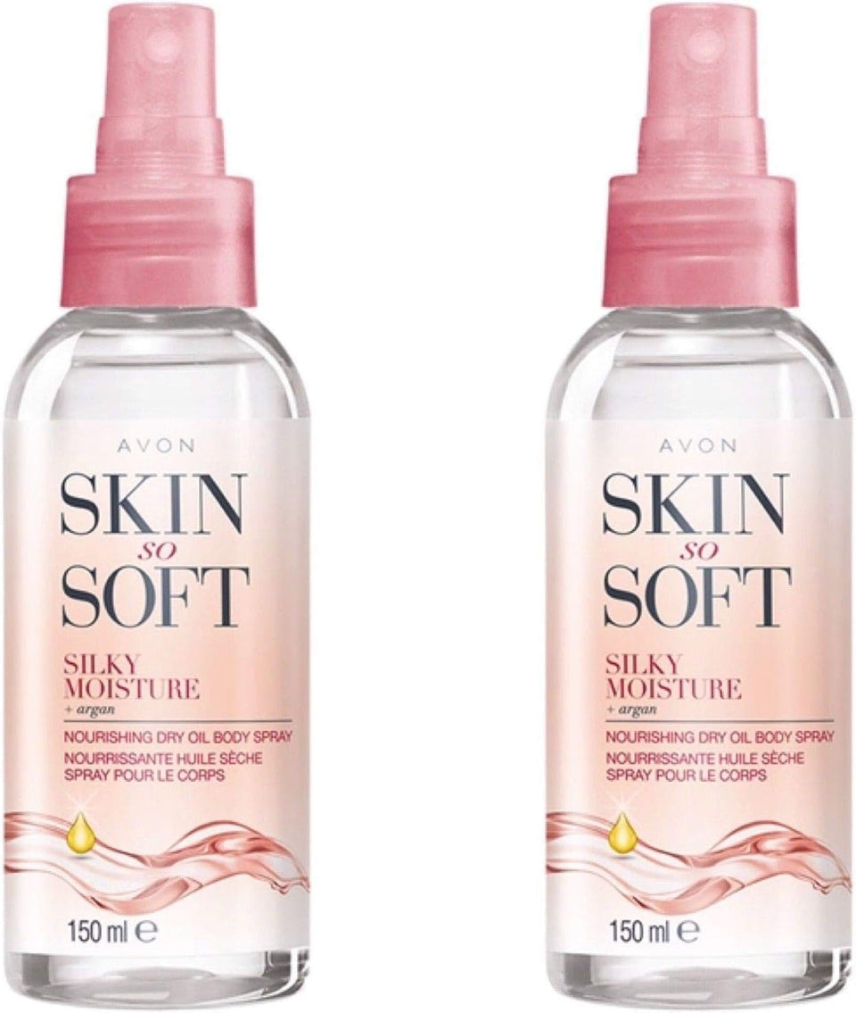 AVON Skin So Soft Argan Body Oil bottle delivering quick hydration for dry skin.