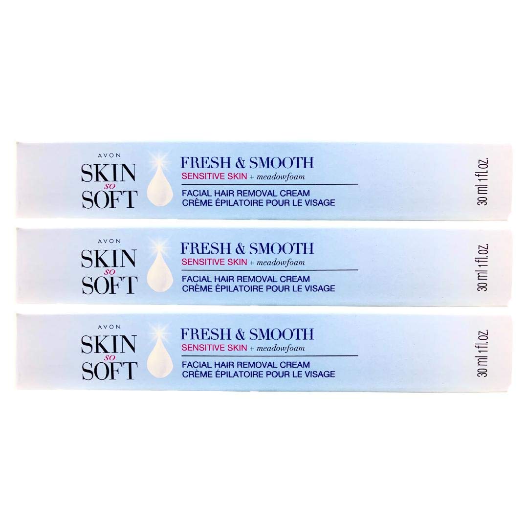AVON Skin So Soft Fresh & Smooth facial hair removal cream packaging for sensitive skin.