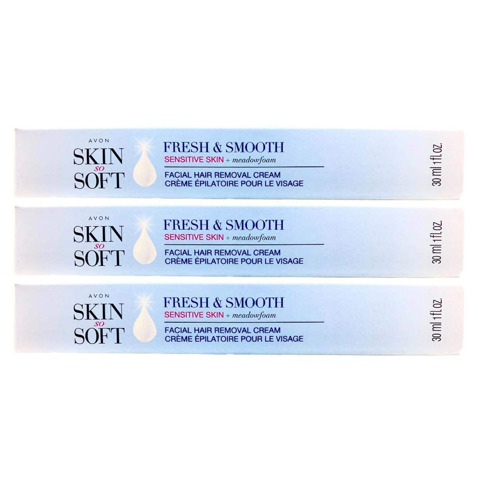 AVON Skin So Soft Fresh & Smooth facial hair removal cream packaging for sensitive skin.