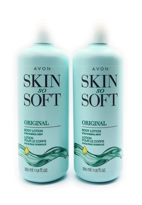AVON Skin So Soft Original and Jojoba Lotion two-pack bottles deliver lightweight, long-lasting hydration.