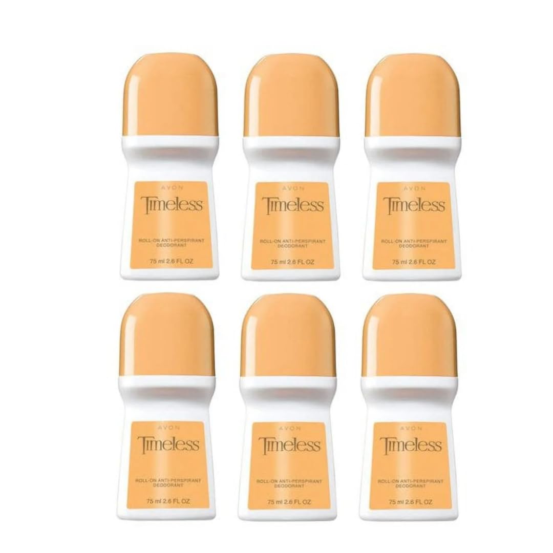 Avon Timeless roll-on deodorant bottle for daily use with a bonus-size six-pack.