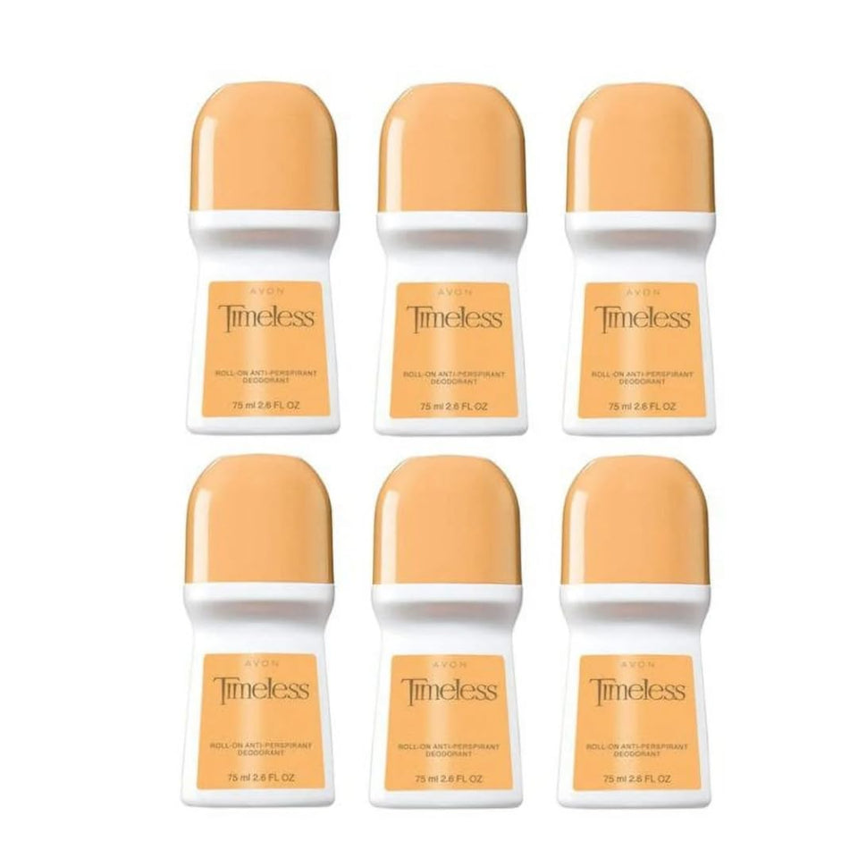 Avon Timeless roll-on deodorant bottle for daily use with a bonus-size six-pack.