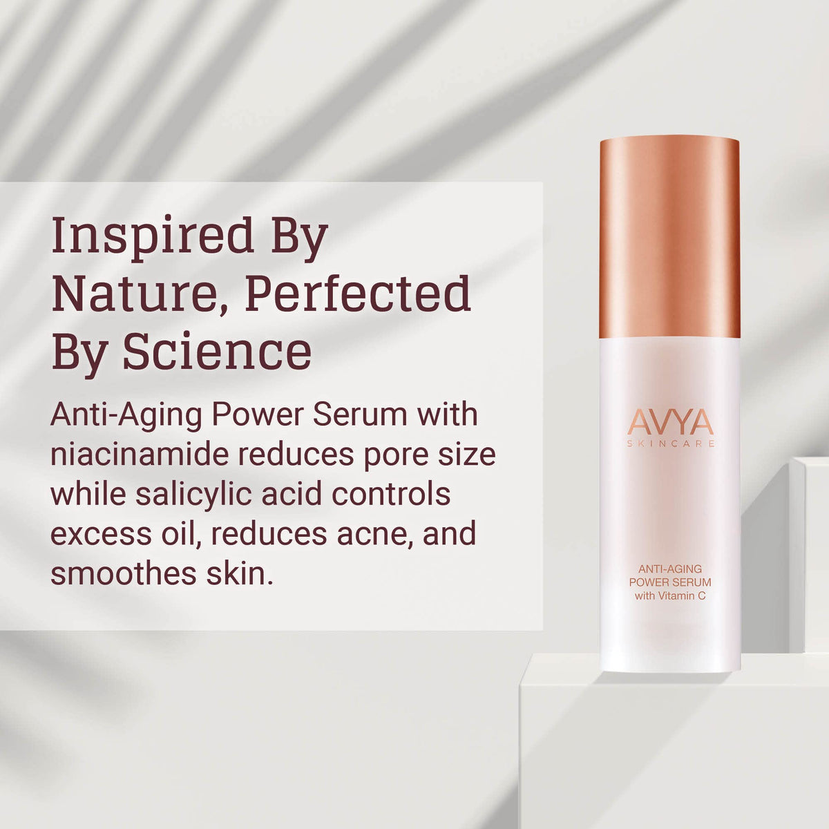 AVYA Anti-Aging Power Serum ingredients illustration showing key actives.