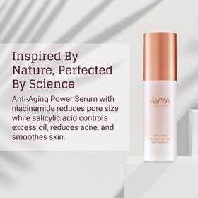 AVYA Anti-Aging Power Serum ingredients illustration showing key actives.