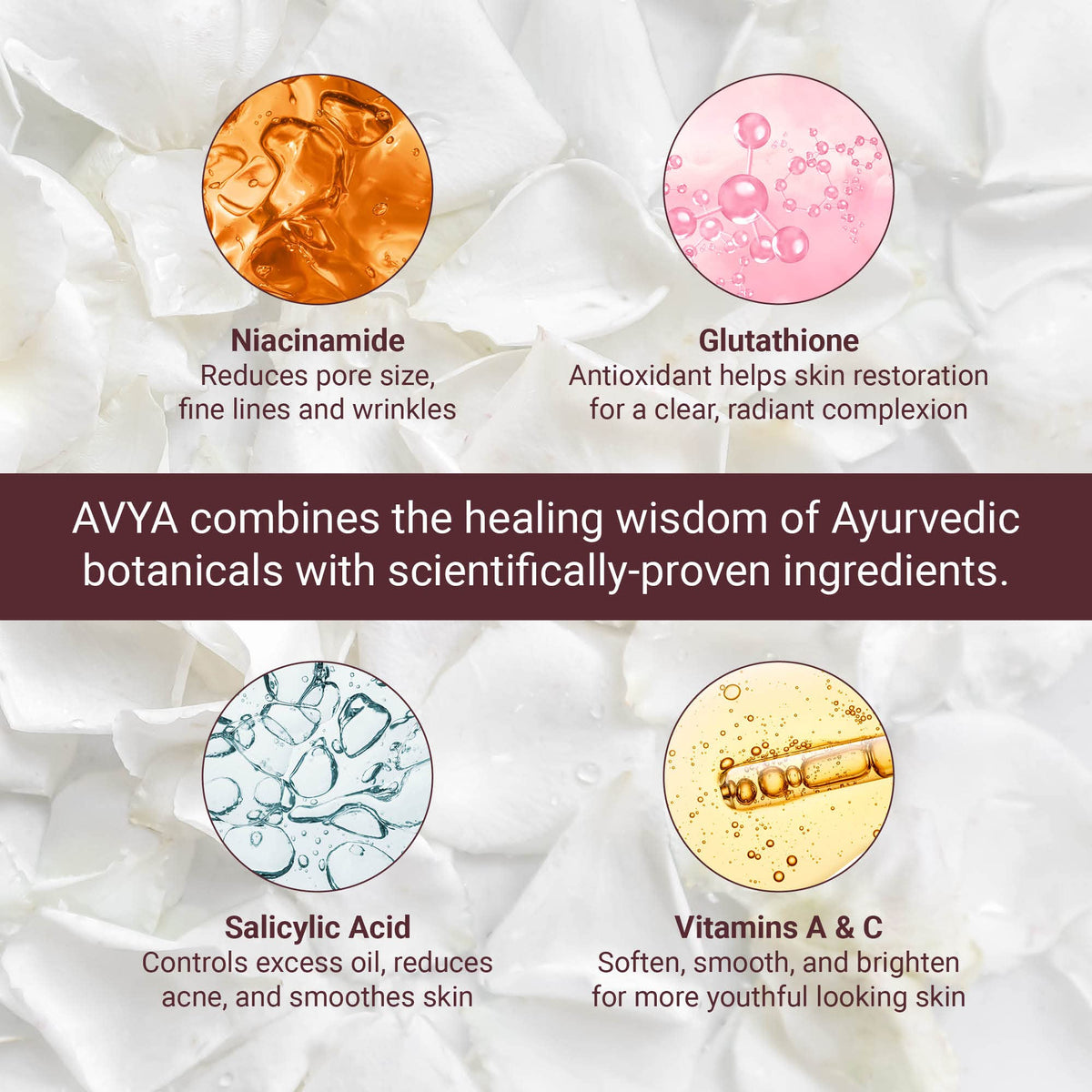 AVYA serum texture swirl demonstrates silky, fast-absorbing hydration.