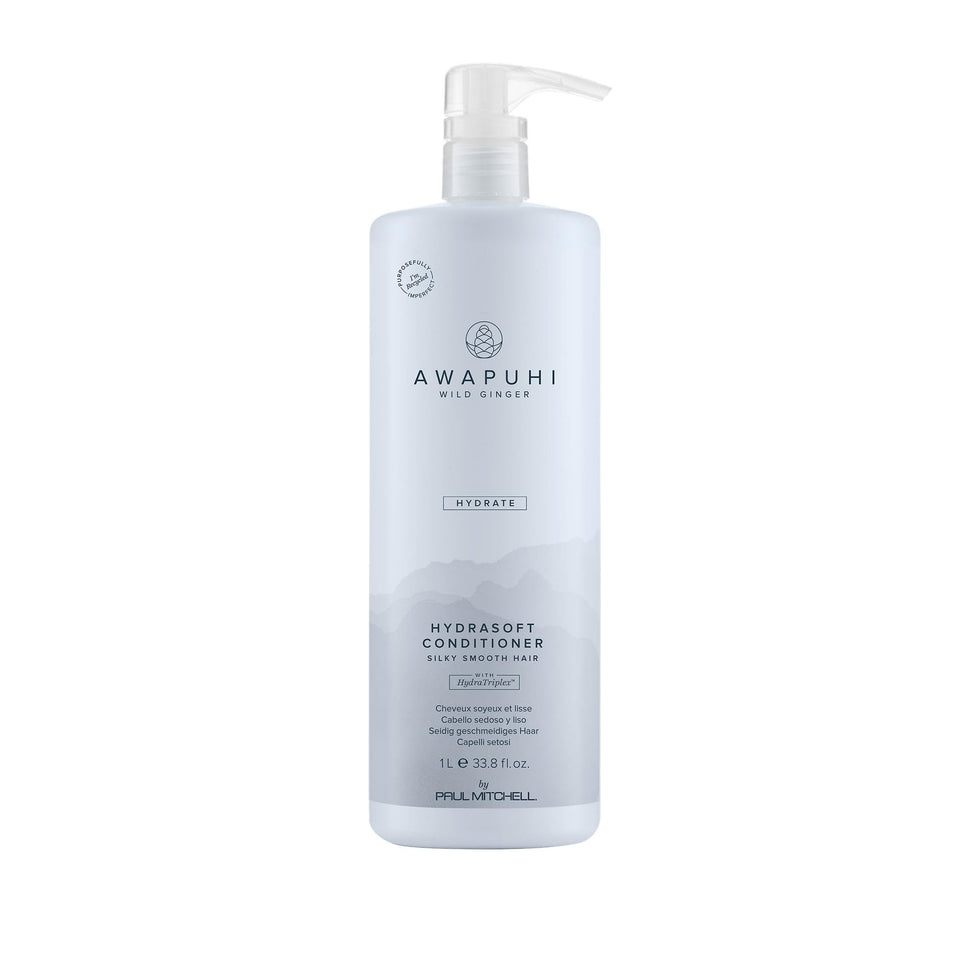 Awapuhi Wild Ginger HydraSoft conditioner bottle close-up for silky, hydrated hair.