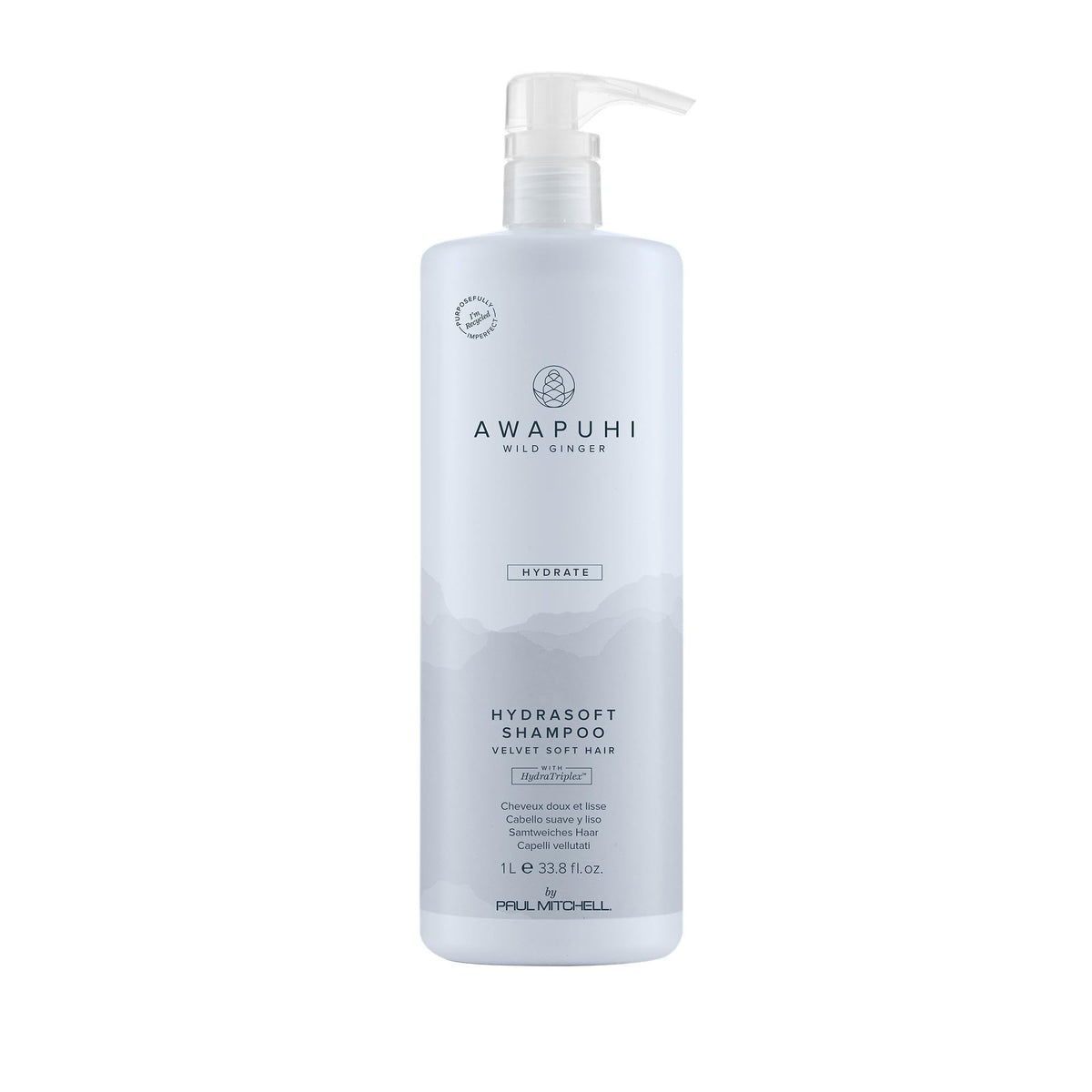 Awapuhi Wild Ginger HydraSoft Shampoo bottle-front highlights deep moisture for all hair types.