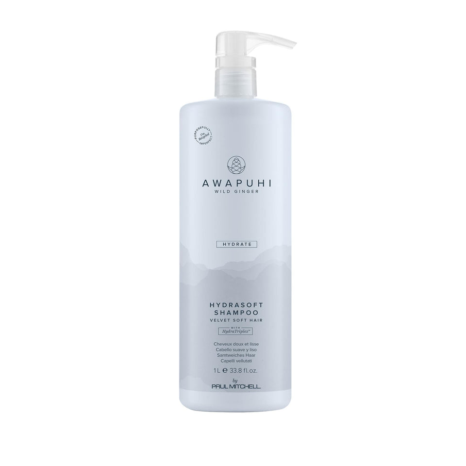 Awapuhi Wild Ginger HydraSoft Shampoo bottle-front highlights deep moisture for all hair types.