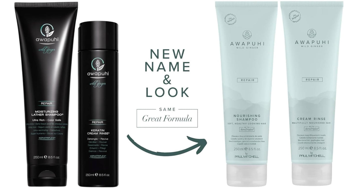 Awapuhi Wild Ginger Repair Gift Set keratin cream rinse bottle highlights detangling and conditioning benefits.