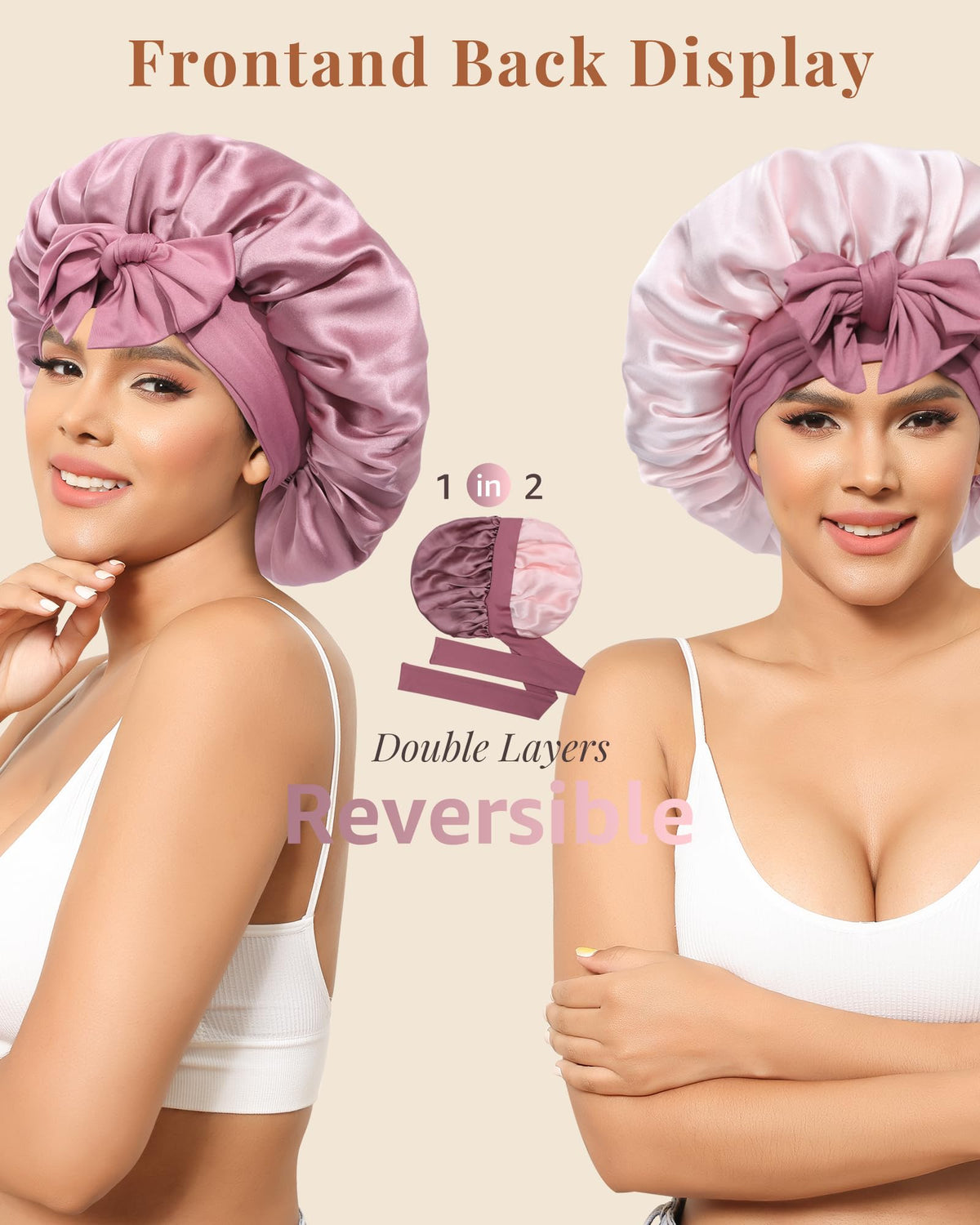 AWAYTR silk bonnet with two-layer reversible design in dust rose color for versatile style.
