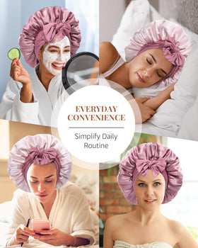 AWAYTR silk bonnet with secure band fits all hair types for overnight wear.