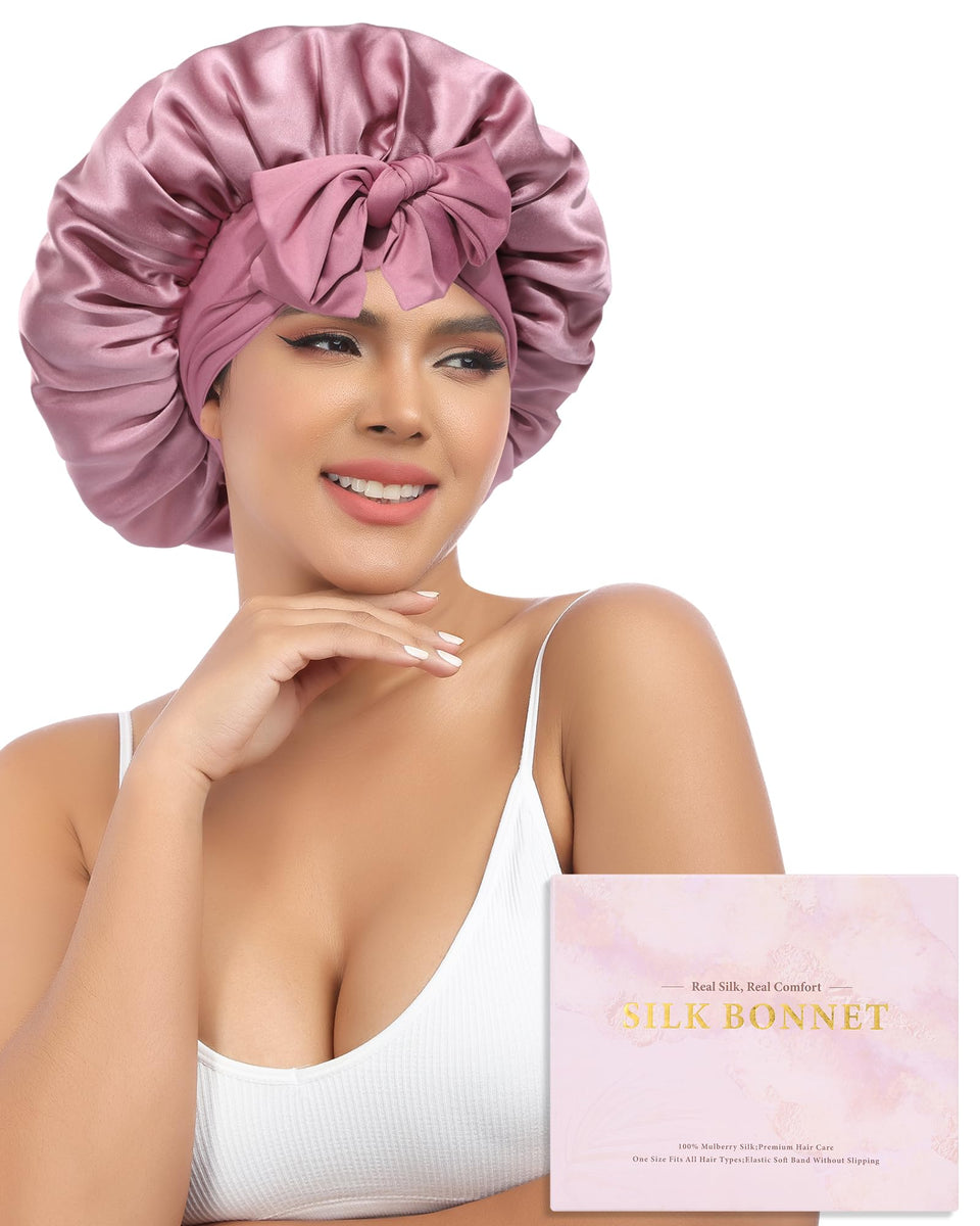 AWAYTR silk bonnet with adjustable band for a secure night fit and minimal hair friction.