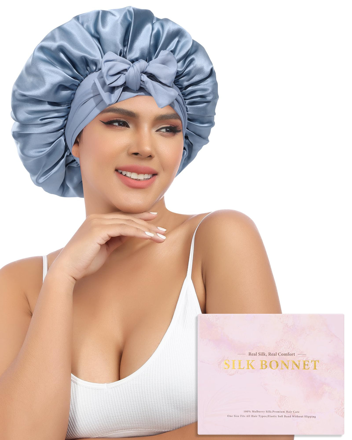 Awaytr silk bonnet with adjustable band for secure overnight fit.