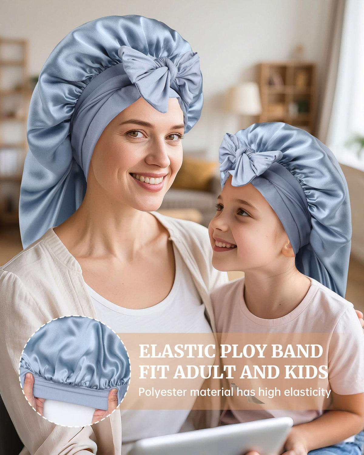 AWAYTR silk bonnet with adjustable band in haze blue, secure overnight fit.
