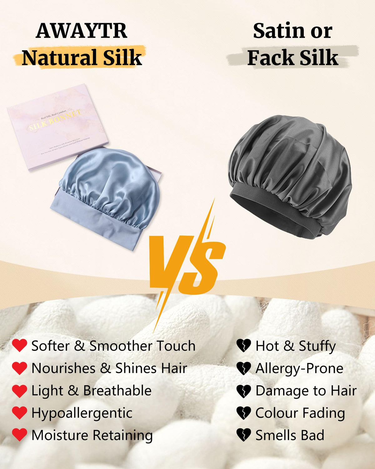 AWAYTR silk bonnet in haze blue with care tips for silk maintenance.