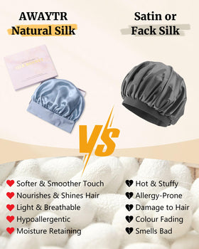 AWAYTR silk bonnet in haze blue with care tips for silk maintenance.