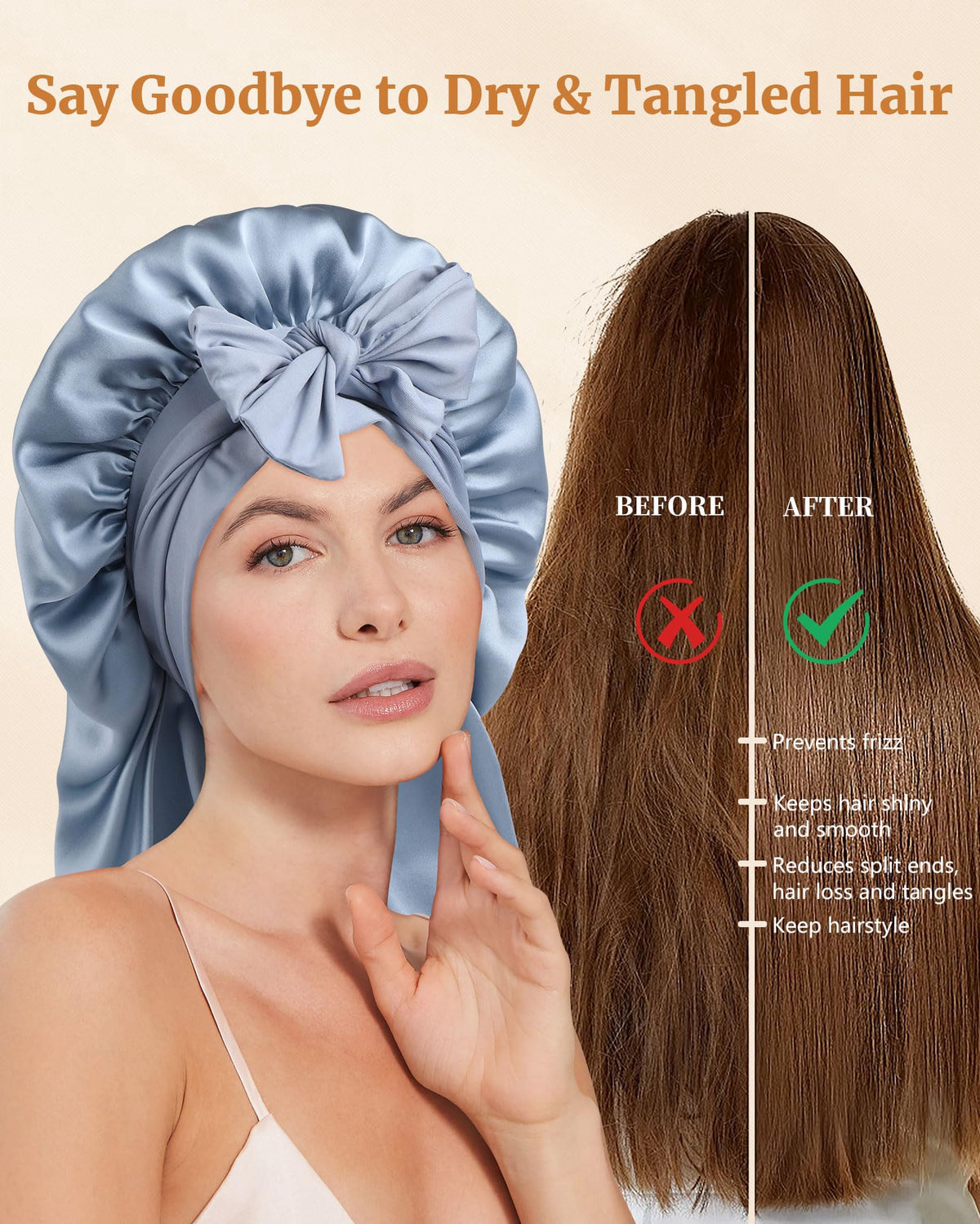 Travel-ready AWAYTR silk bonnet in haze blue, lightweight and compact.