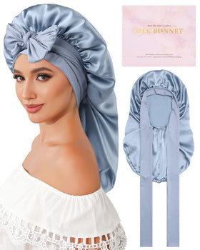 AWAYTR silk bonnet long hair closeup, smooth mulberry silk for gentle sleep protection.