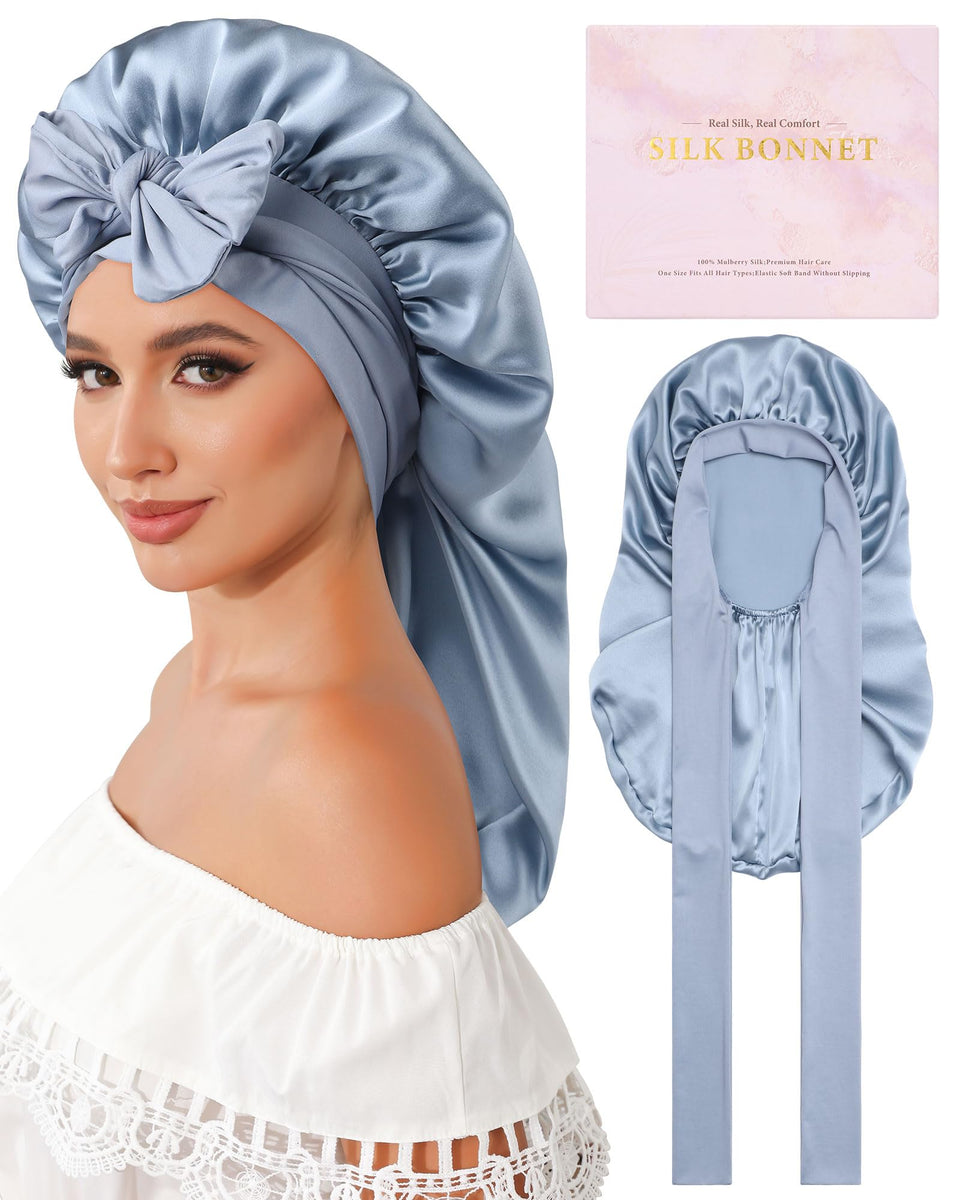 AWAYTR silk bonnet long hair closeup, smooth mulberry silk for gentle sleep protection.