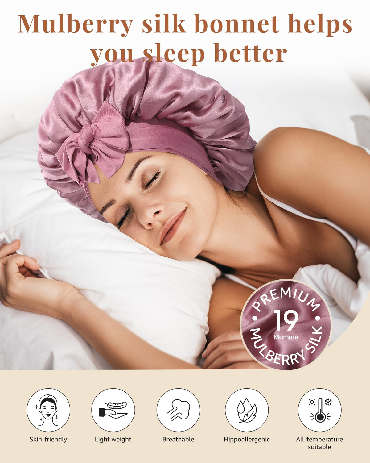 AWAYTR 19 momme mulberry silk bonnet helps reduce friction and preserve curls overnight.