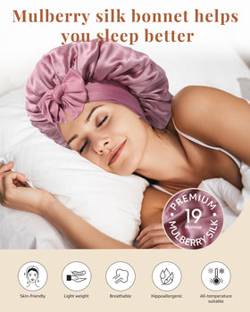 AWAYTR 19 momme mulberry silk bonnet helps reduce friction and preserve curls overnight.
