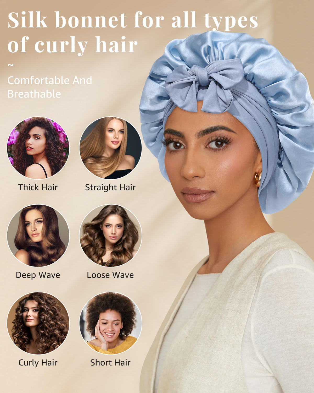 Awaytr sky blue silk bonnet protects hair during travel and night routine.