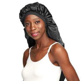 Awefeel long braids satin bonnet 19in black worn at night to protect moisture