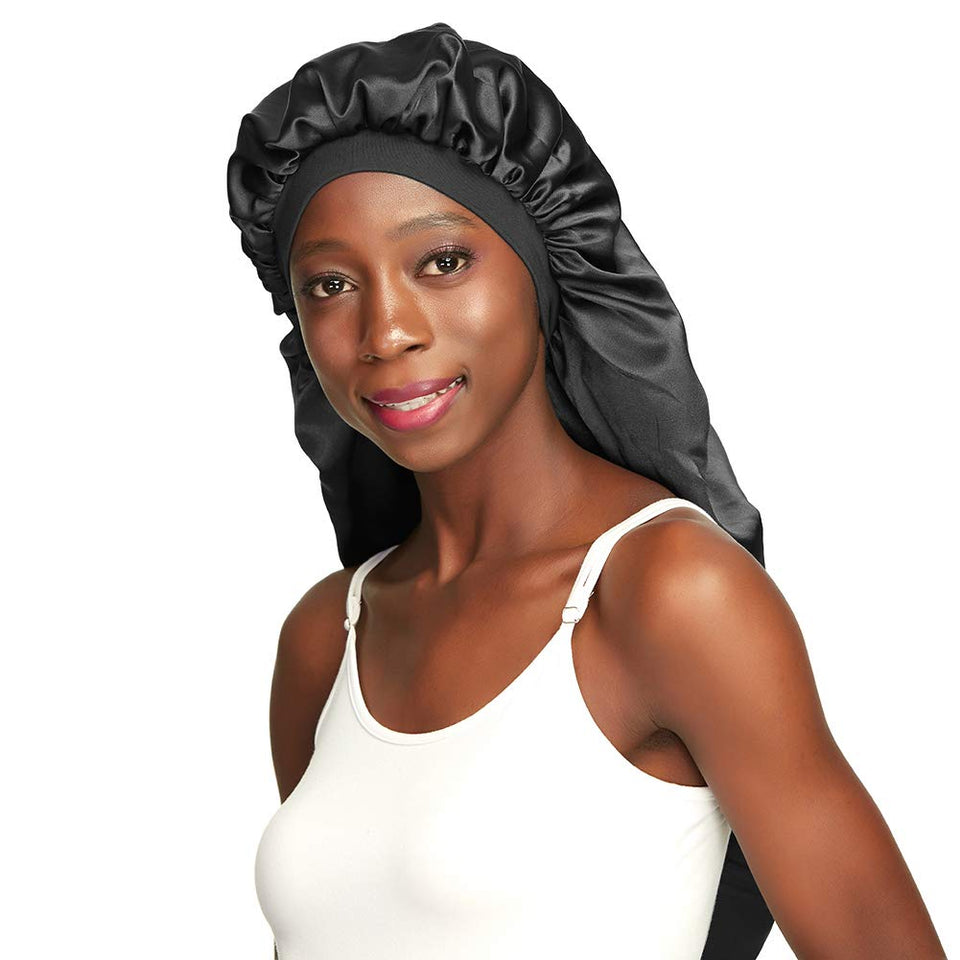Awefeel long braids satin bonnet 19in black worn at night to protect moisture