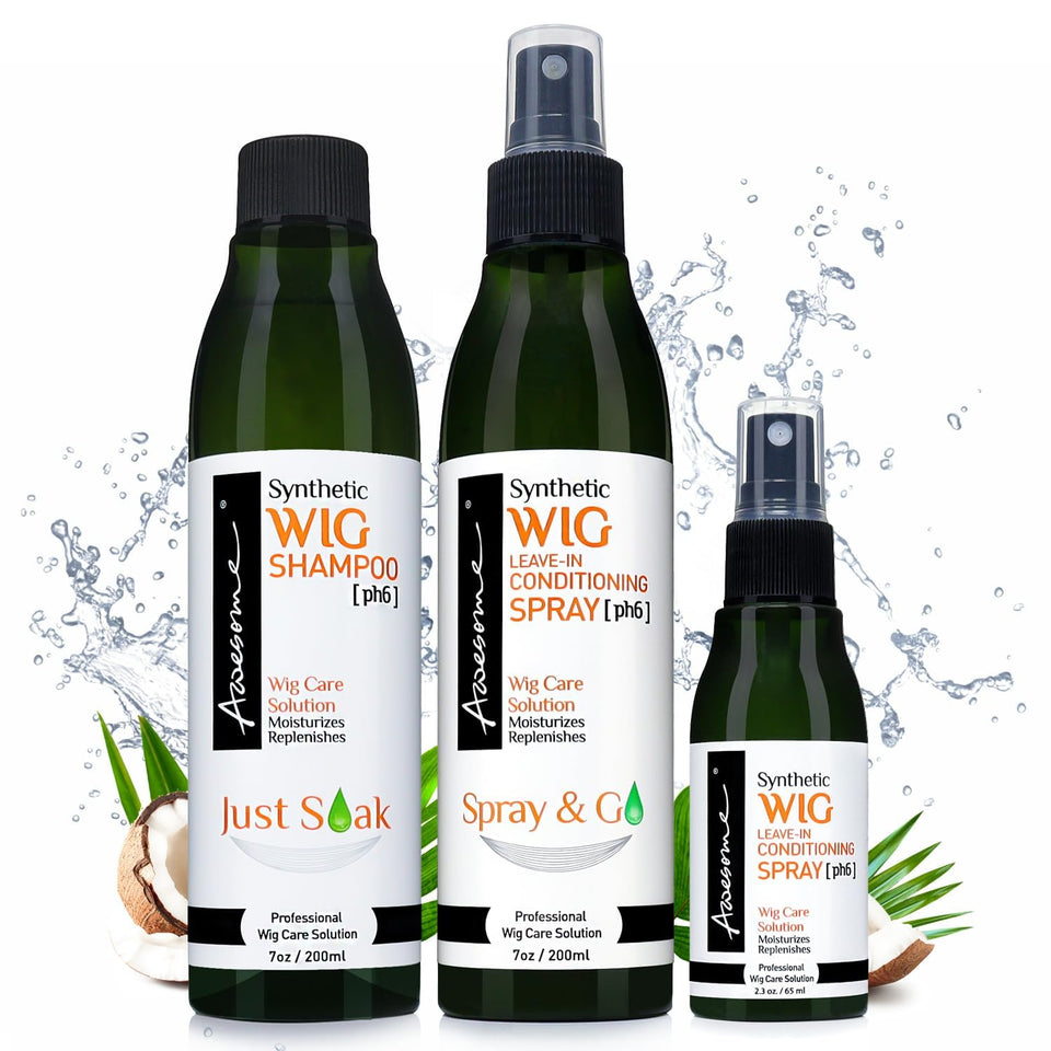 Awesome Synthetic Wig Shampoo bottle shows gentle cleansing and frizz control.