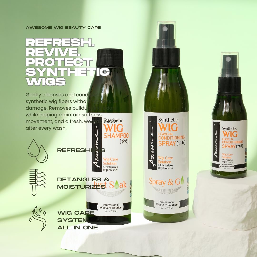 Awesome Wig Conditioner Spray bottle demonstrates detangling and smoothness for synthetic wigs.