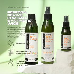 Awesome Wig Conditioner Spray bottle demonstrates detangling and smoothness for synthetic wigs.