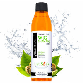 Awesome Wig Shampoo bottle pour showing easy application and pH-balanced care for wigs.