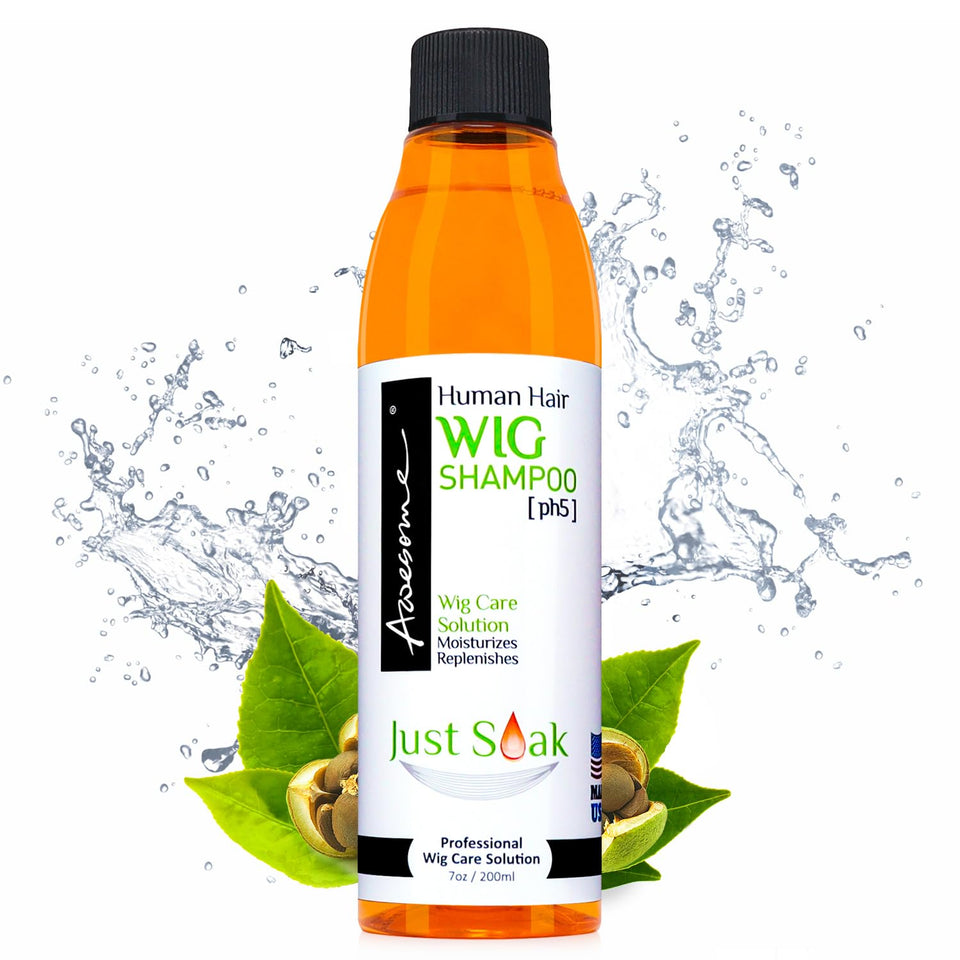 Awesome Wig Shampoo bottle pour showing easy application and pH-balanced care for wigs.