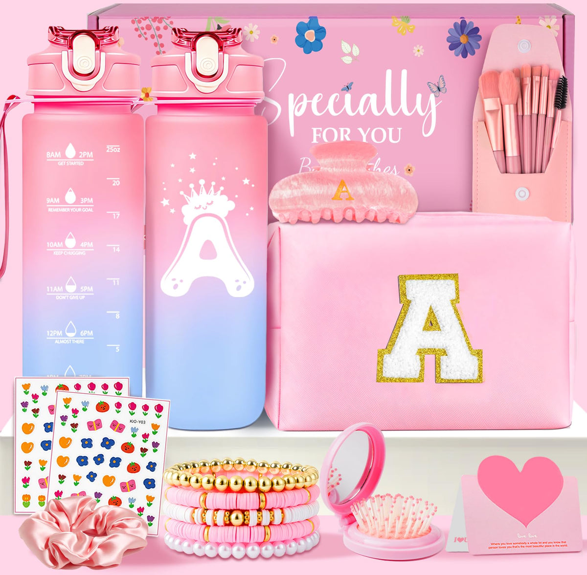 Awfrky initial makeup bag in pink PU leather for organized cosmetics on the go.