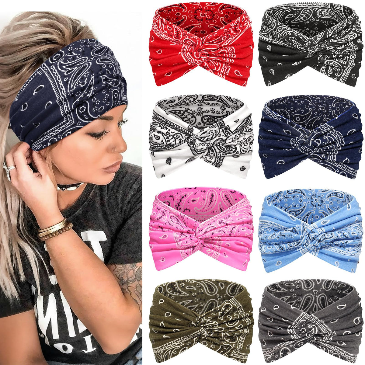 Awumbuk wide headband blue front view for secure all-day wear and coverage.