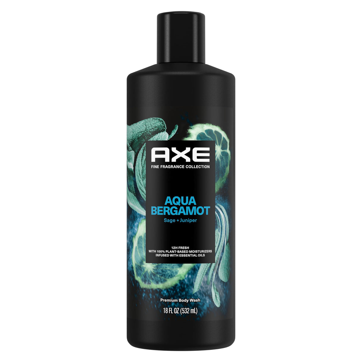 AXE Aqua Bergamot body wash bottle close-up with 12-hour freshness.