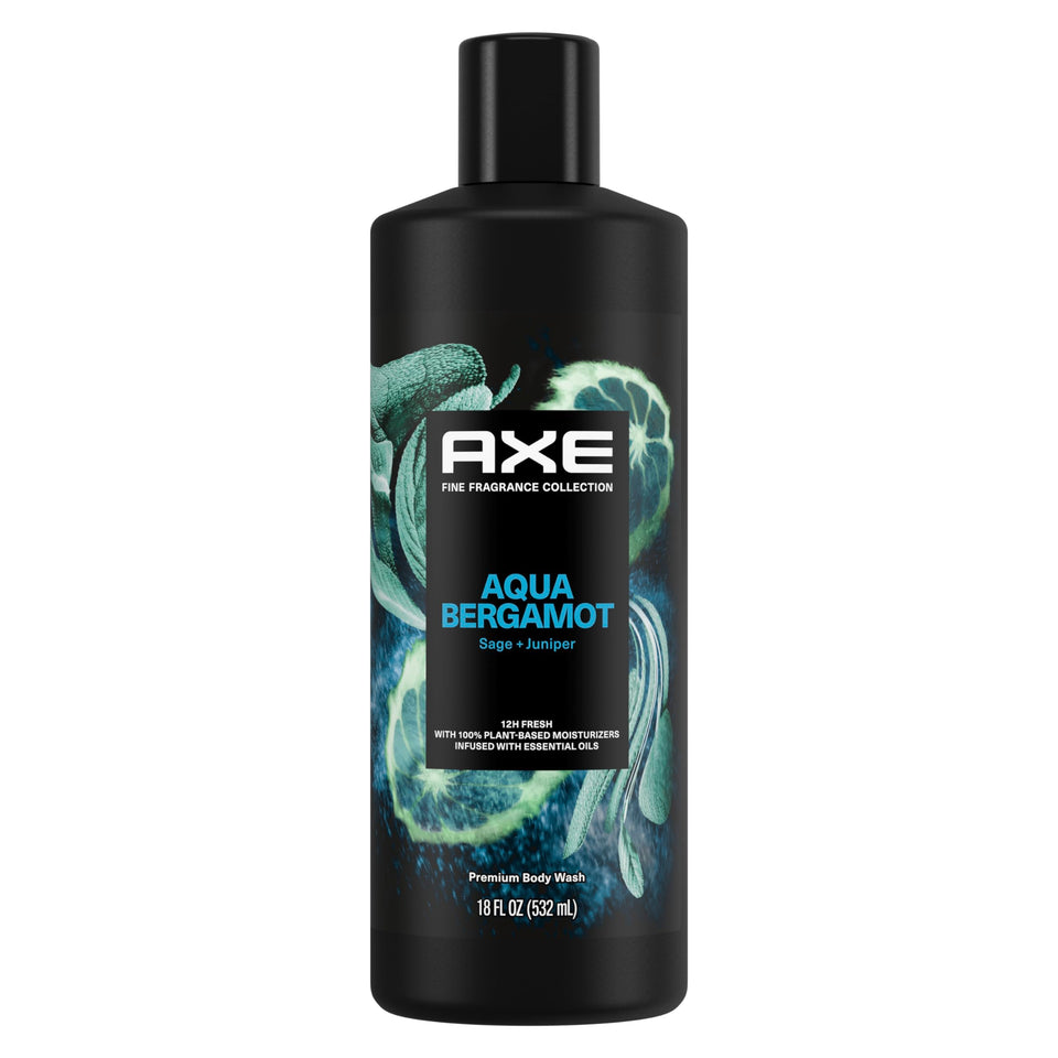 AXE Aqua Bergamot body wash bottle close-up with 12-hour freshness.