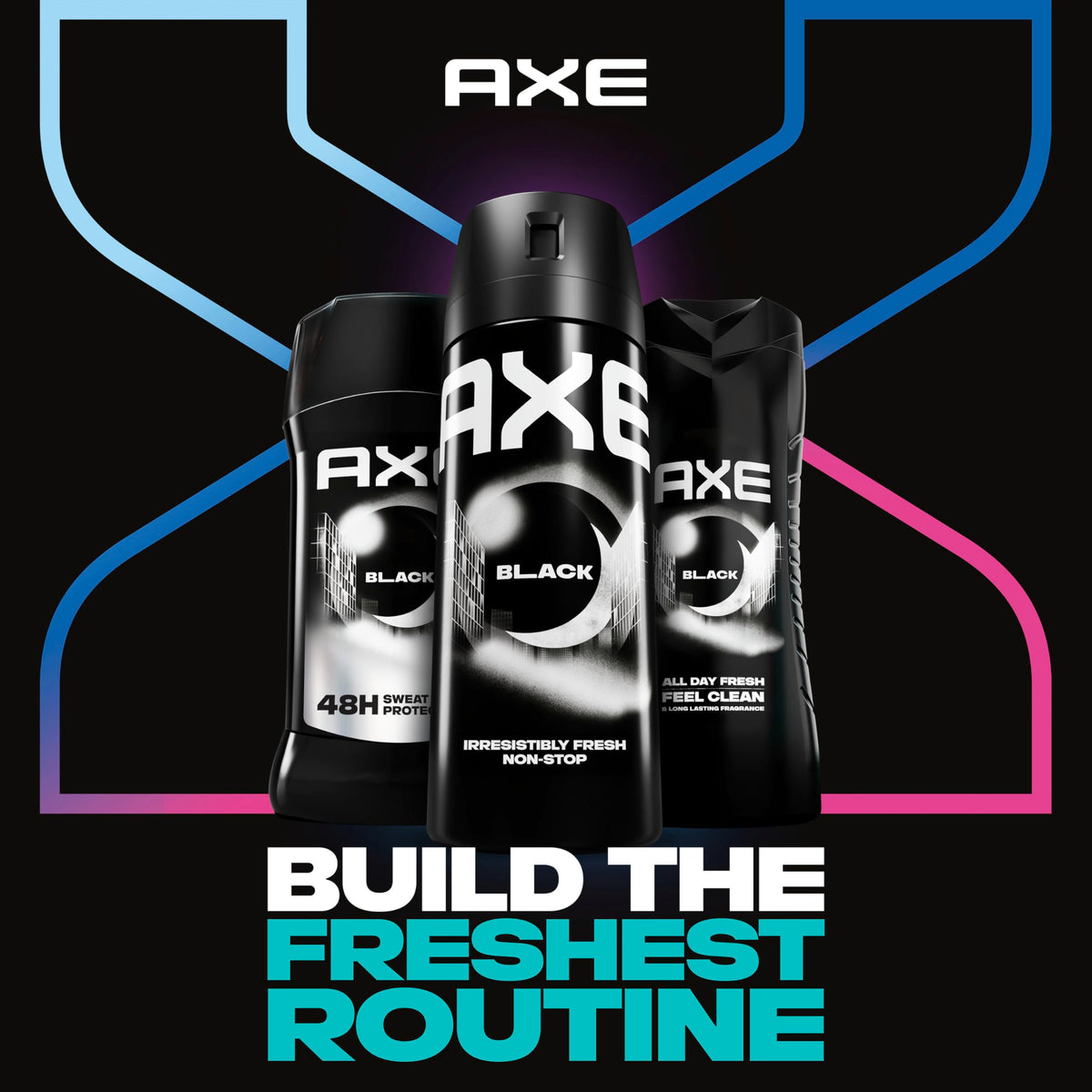 AXE Black packaging with sustainability pledge to use recycled materials.
