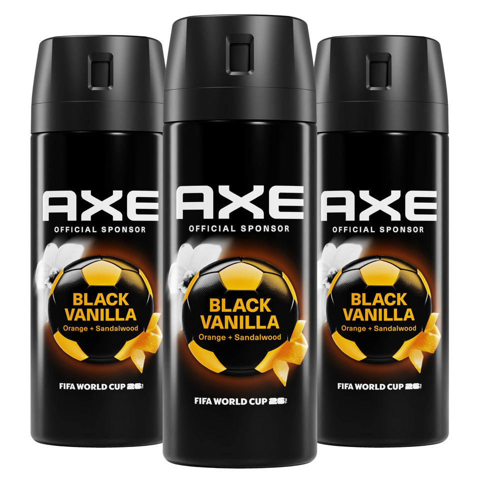 AXE Black Vanilla bottle with spray for long-lasting freshness.