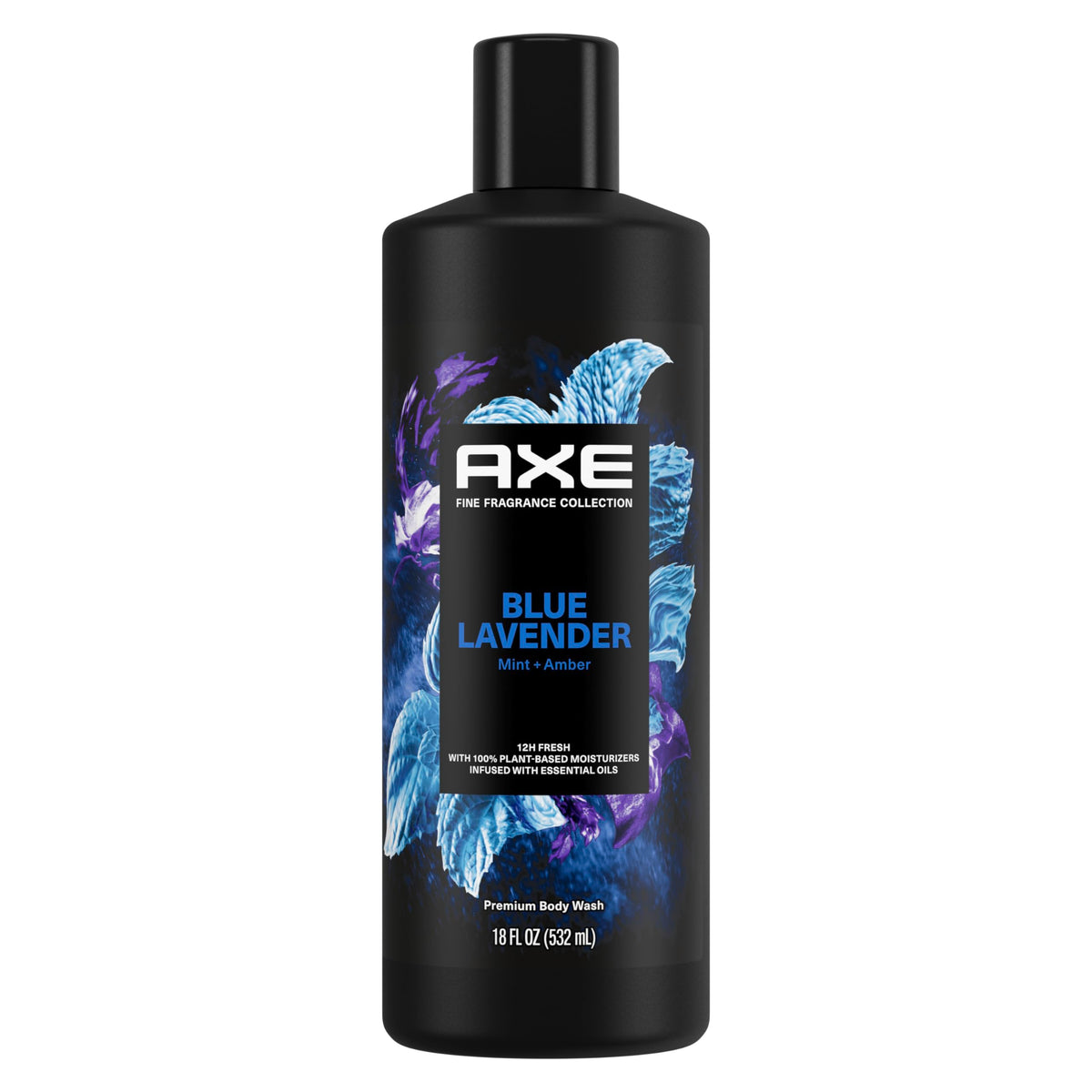 AXE Blue Lavender Body Wash bottle pour showing 12-hour freshness after shower