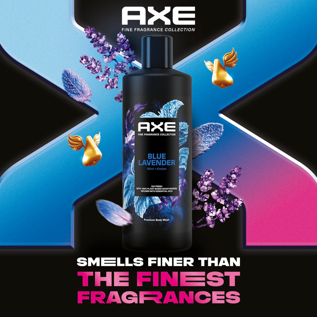 AXE Blue Lavender bottle being poured to reveal the refreshing two in one experience