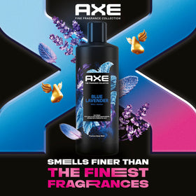 AXE Blue Lavender bottle being poured to reveal the refreshing two in one experience